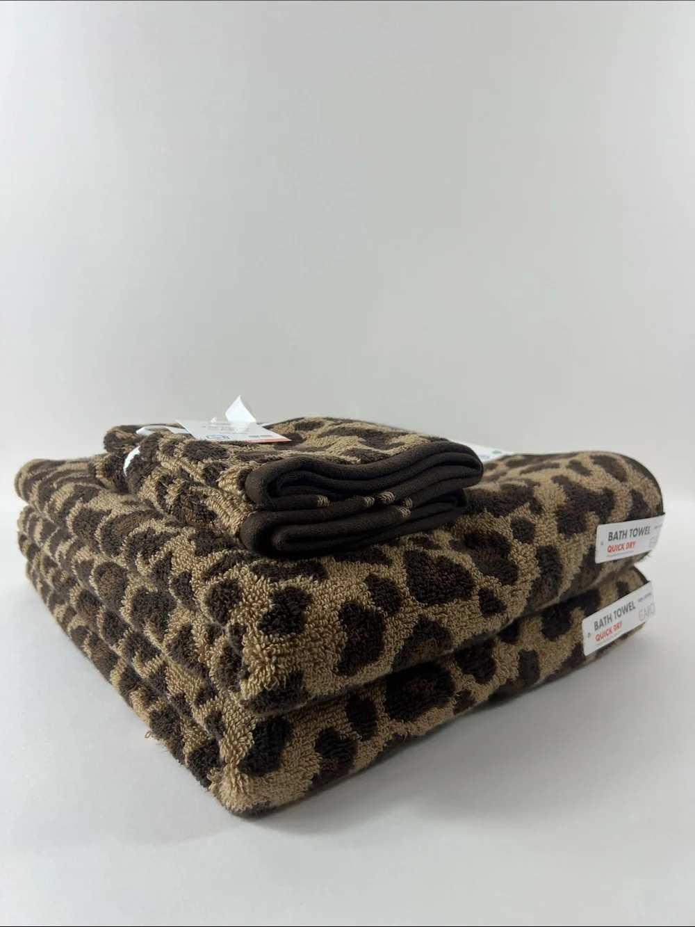 Caro Home Bath Towels Brown Tan Leopard Print Quick Dry Cotton 4 Pc Set NEW